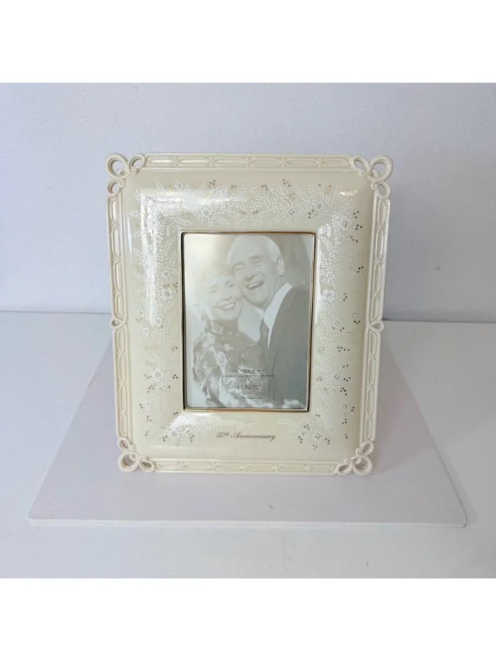 Lenox 50th Anniversary Picture Frame Vtg Ivory Porcelain Keepsake Gold Wedding